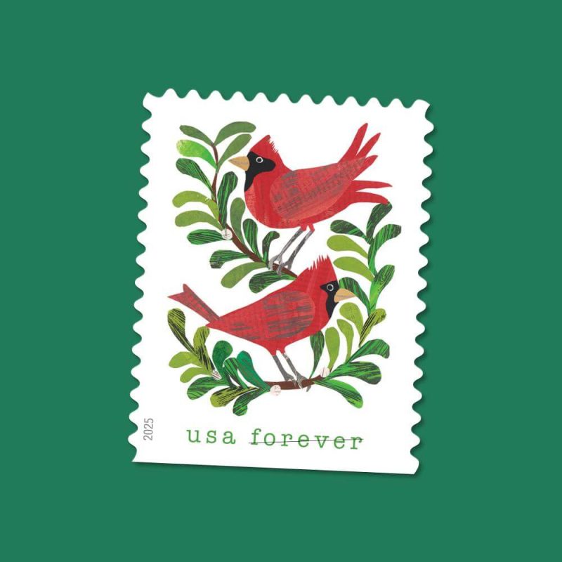 Forever Stamps 2025 Holiday Cheer – Cardinals, Wreath, Holly & Poinsettia Designs, First-Class Postage