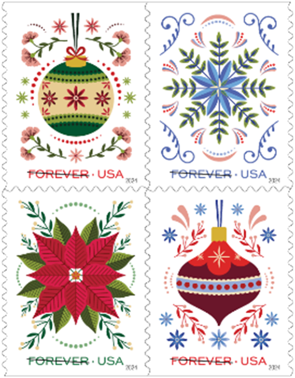 Forever Stamps 2024 Christmas Ornaments & Holiday Florals – Holiday Celebration, First-Class Postage