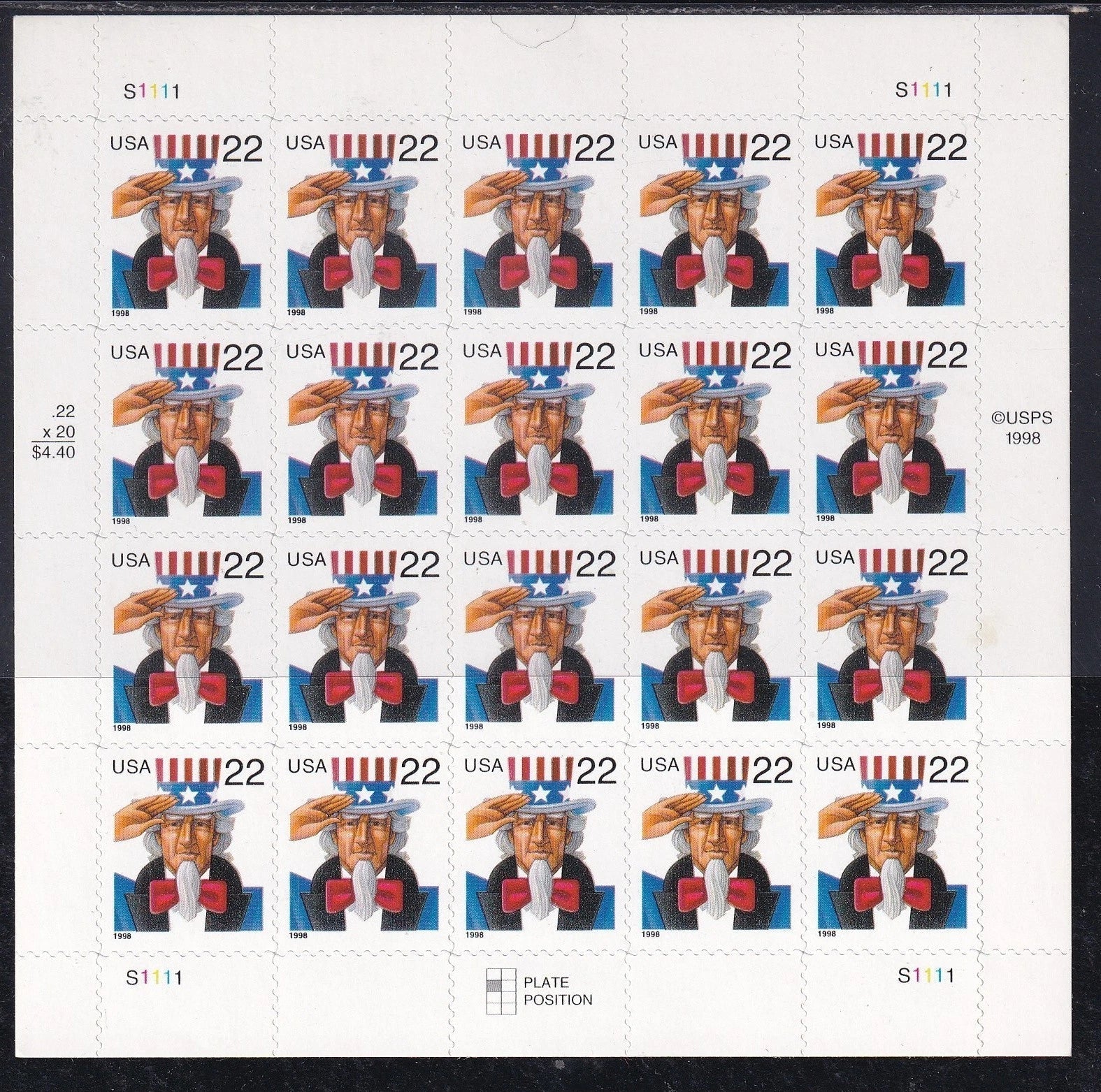 NOT Forever Stamp-22¢ Stamps 1998 Uncle Sam – Patriotic Symbol, First-Class Postage